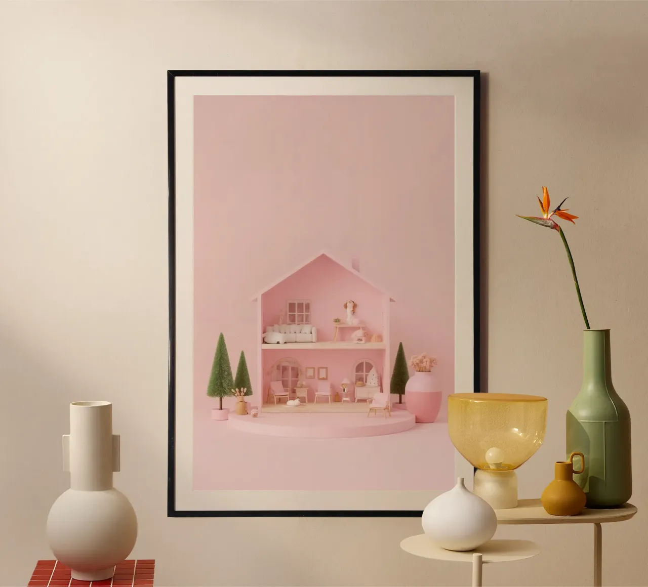 Casa delle bambole rosa a due piani, colore pastello poster con telaio in plastica da DesignDoodle