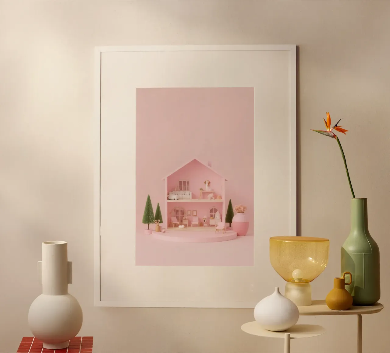 Casa delle bambole rosa a due piani, colore pastello poster con telaio in plastica da DesignDoodle