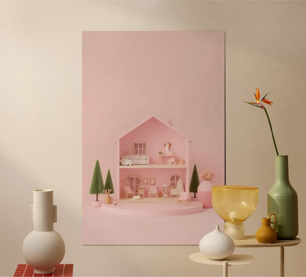 Casa delle bambole rosa a due piani, colore pastello poster con telaio in plastica da DesignDoodle
