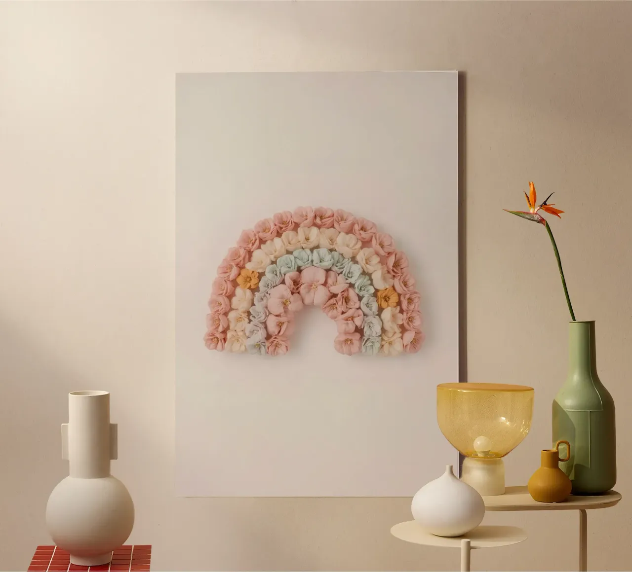 Niedlicher Regenbogen in Form von Blumen Leinwand mit Schattenfugenrahmen von DesignDoodle
