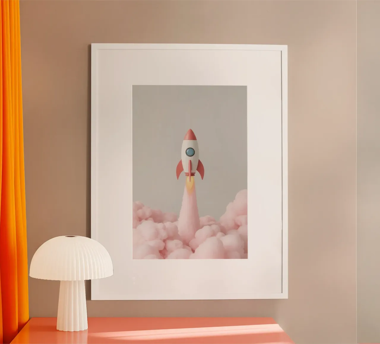 Fusée rétro mignonne s'élançant dans la fumée rose poster avec cadre en plastique de DesignDoodle