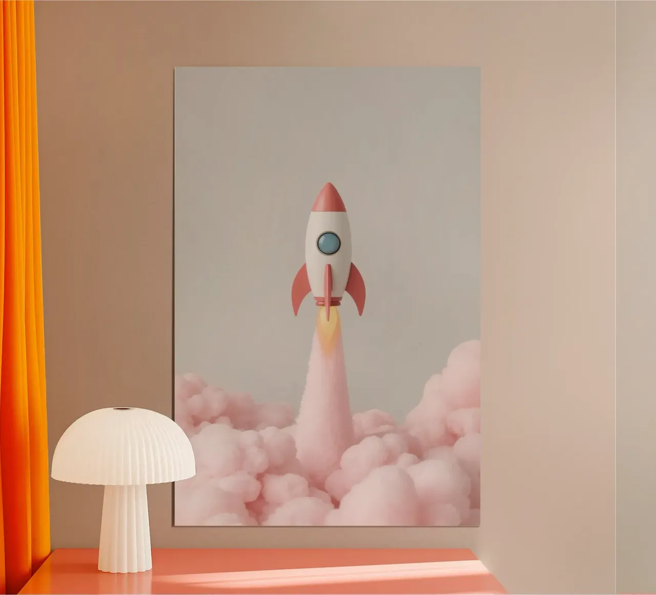 Fusée rétro mignonne s'élançant dans la fumée rose poster avec cadre en plastique de DesignDoodle