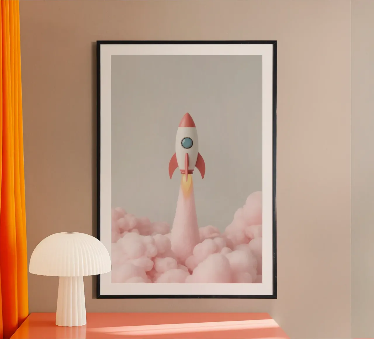 Fusée rétro mignonne s'élançant dans la fumée rose poster avec cadre en plastique de DesignDoodle