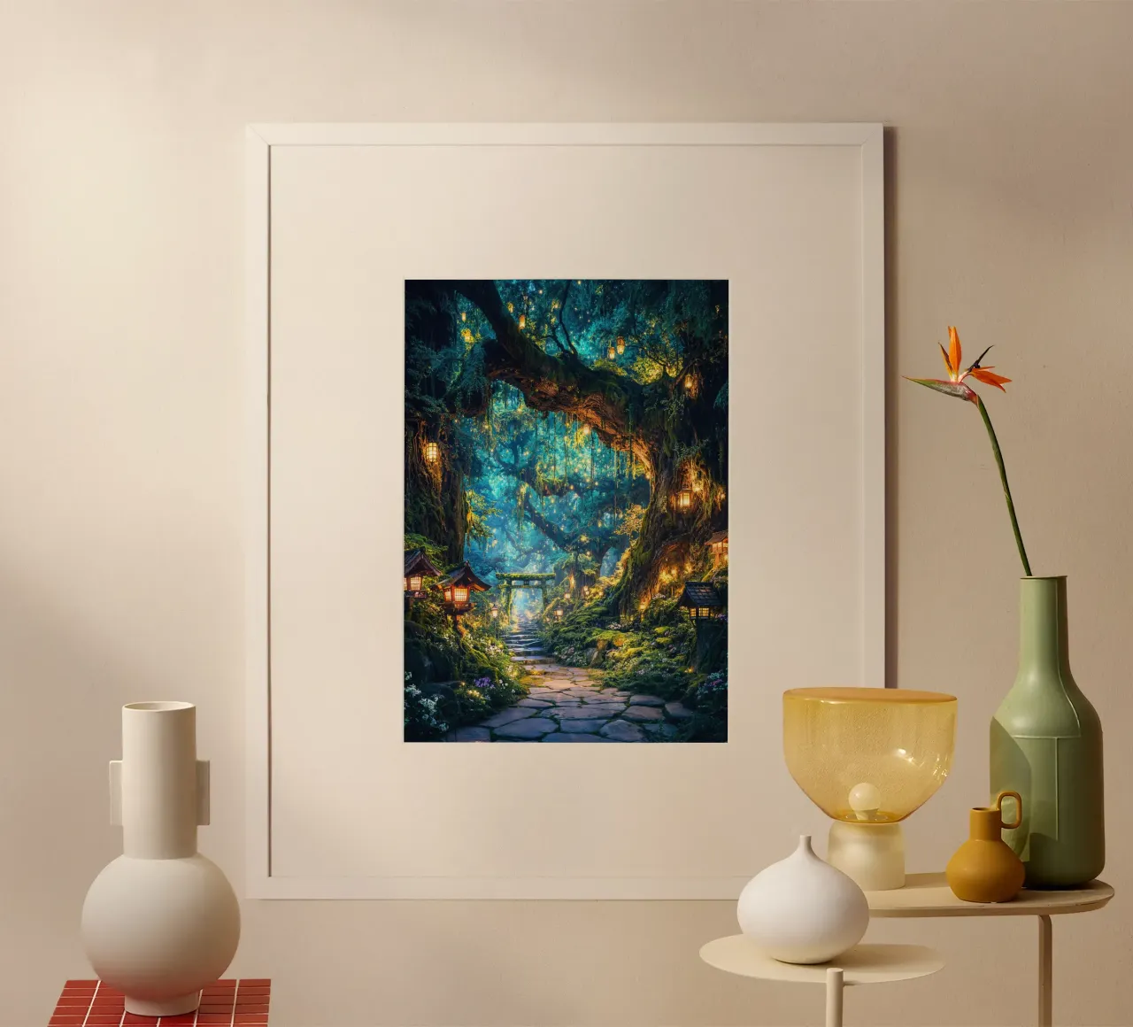 Lantern Path of the Spirit Grove poster con telaio in alluminio da Pixaverse