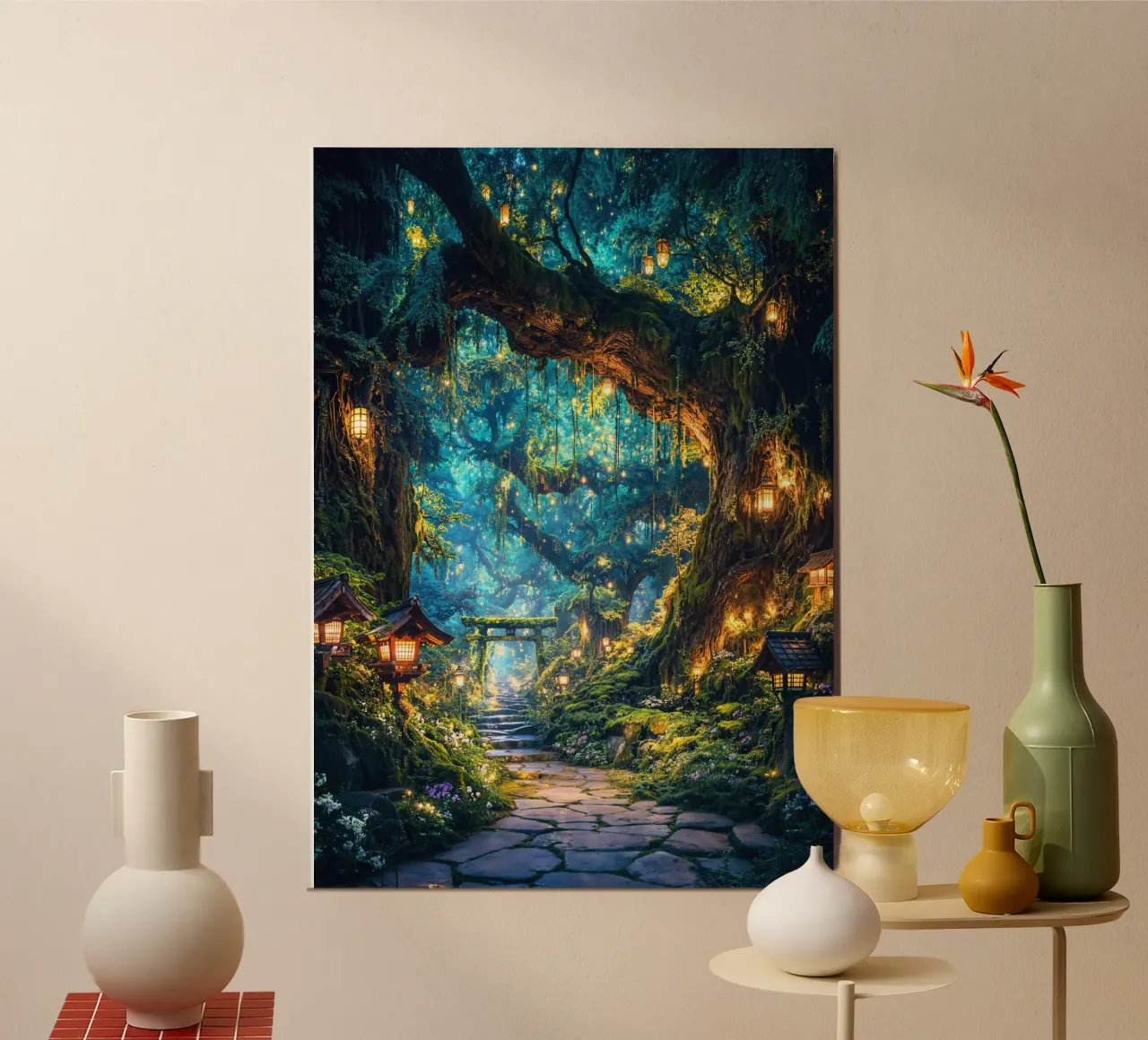 Lantern Path of the Spirit Grove poster con telaio in alluminio da Pixaverse