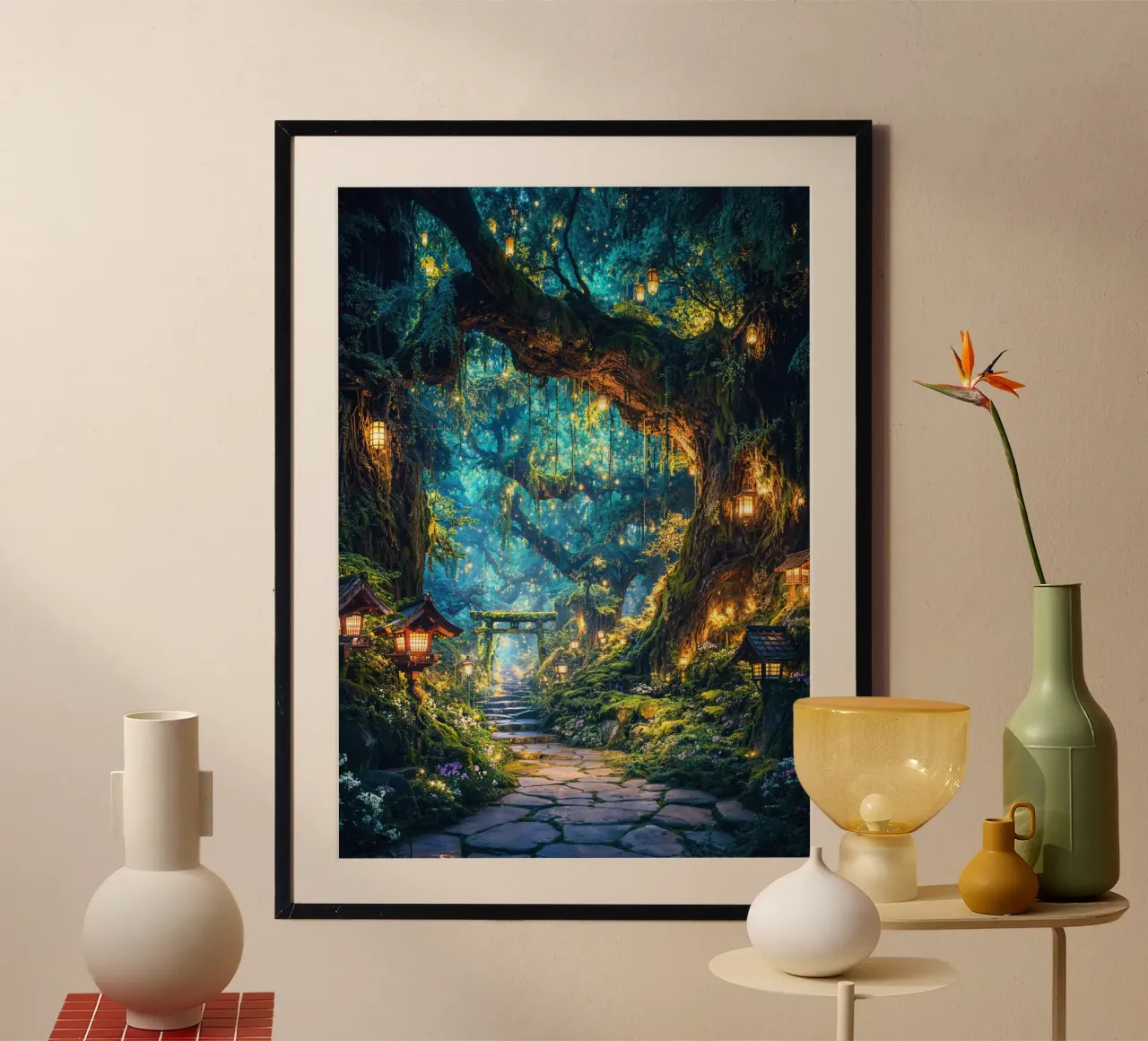 Lantern Path of the Spirit Grove poster con telaio in alluminio da Pixaverse