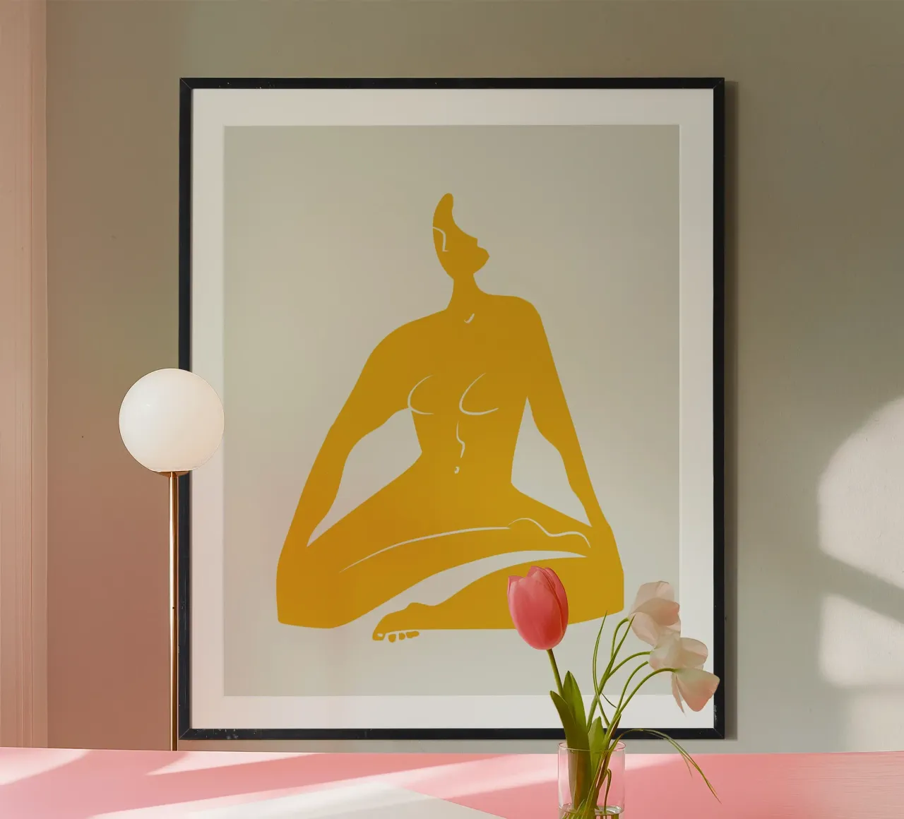 Nudo su giallo 06 poster con telaio in plastica da Little Dean