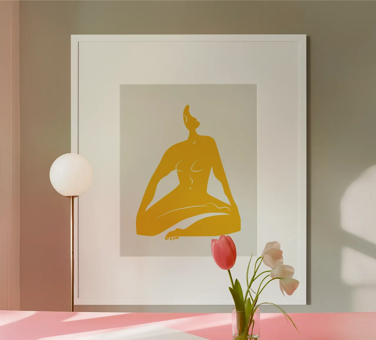 Nudo su giallo 06 poster con telaio in plastica da Little Dean