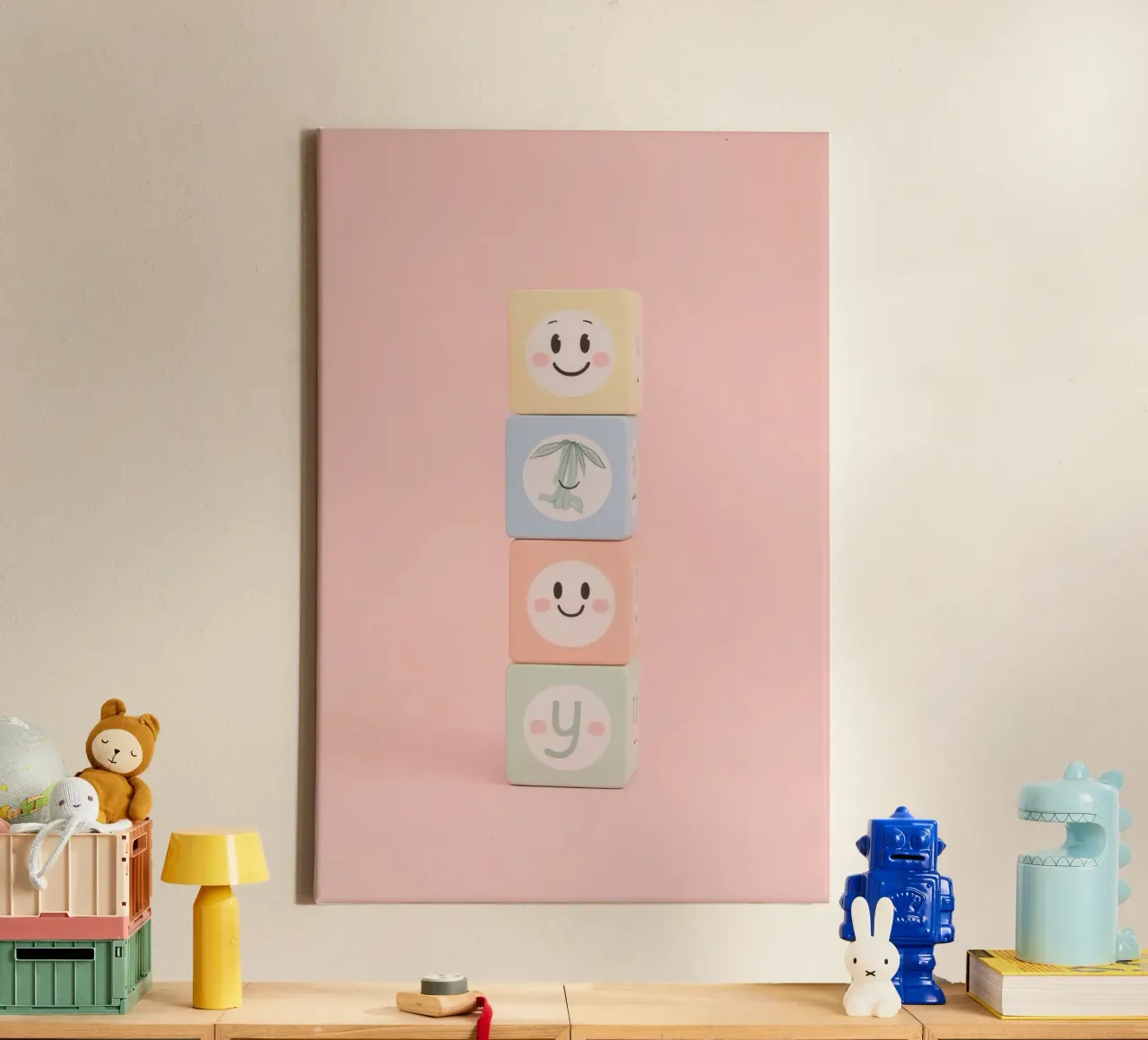 Leuke Gestapelde Speelgoedblokken, Roze Achtergrond canvas met Baklijst van DesignDoodle