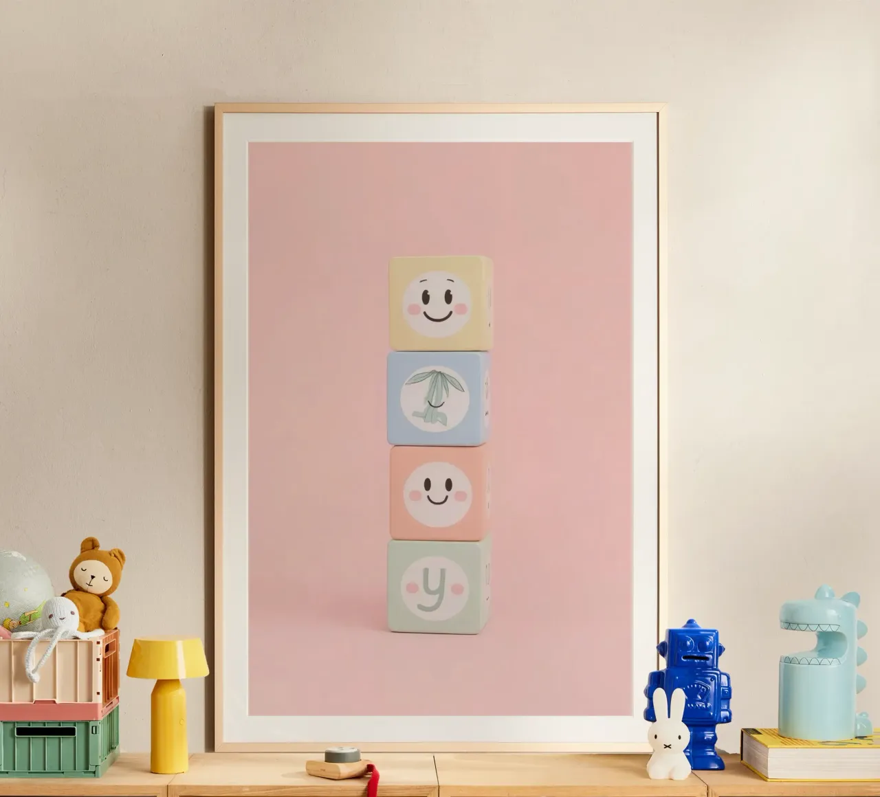 Niedliche glückliche gestapelte Spielzeugblöcke, rosa Hintergrund Poster von DesignDoodle