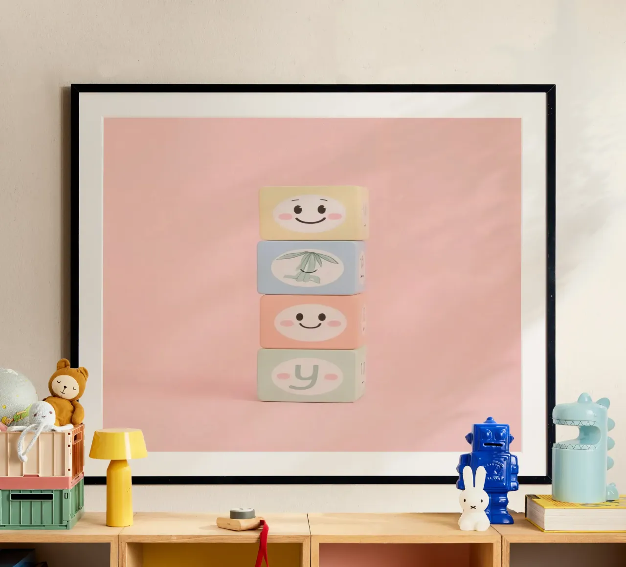 Niedliche glückliche gestapelte Spielzeugblöcke, rosa Hintergrund Poster von DesignDoodle