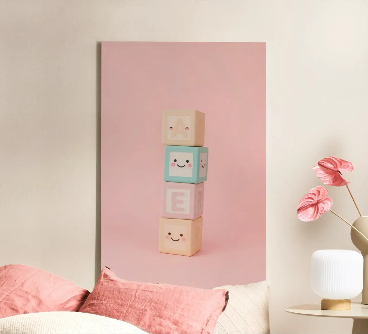 Blocchi di alfabeto in legno impilati su sfondo rosa tela con Cornice a cassetta da DesignDoodle