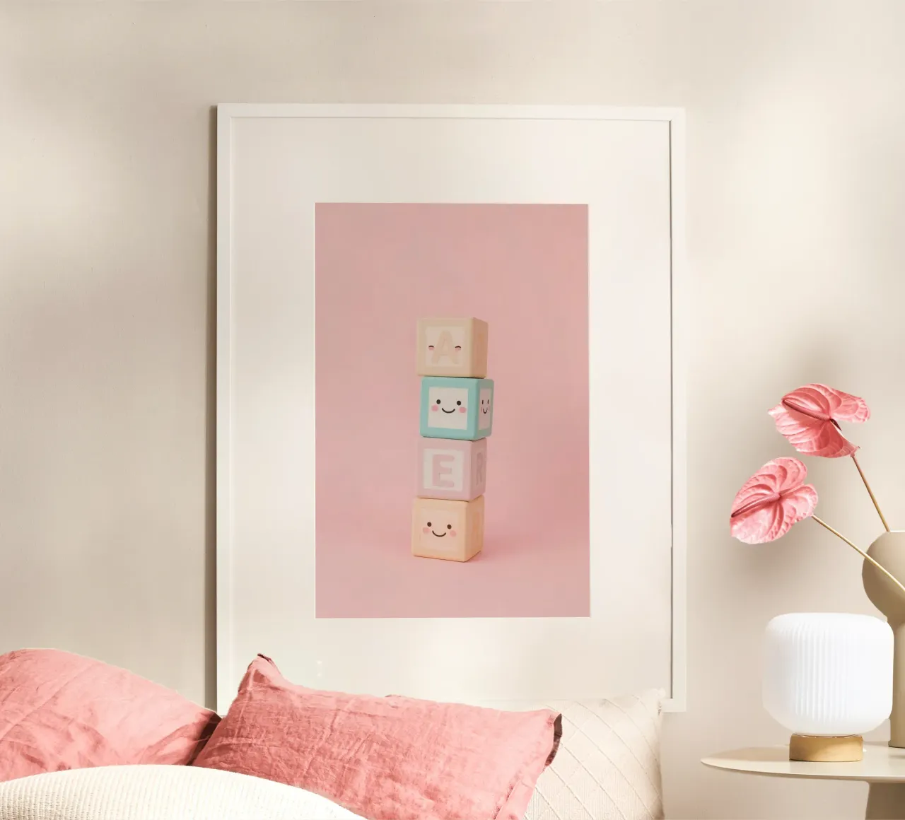 Blocchi di alfabeto in legno impilati su sfondo rosa poster da DesignDoodle