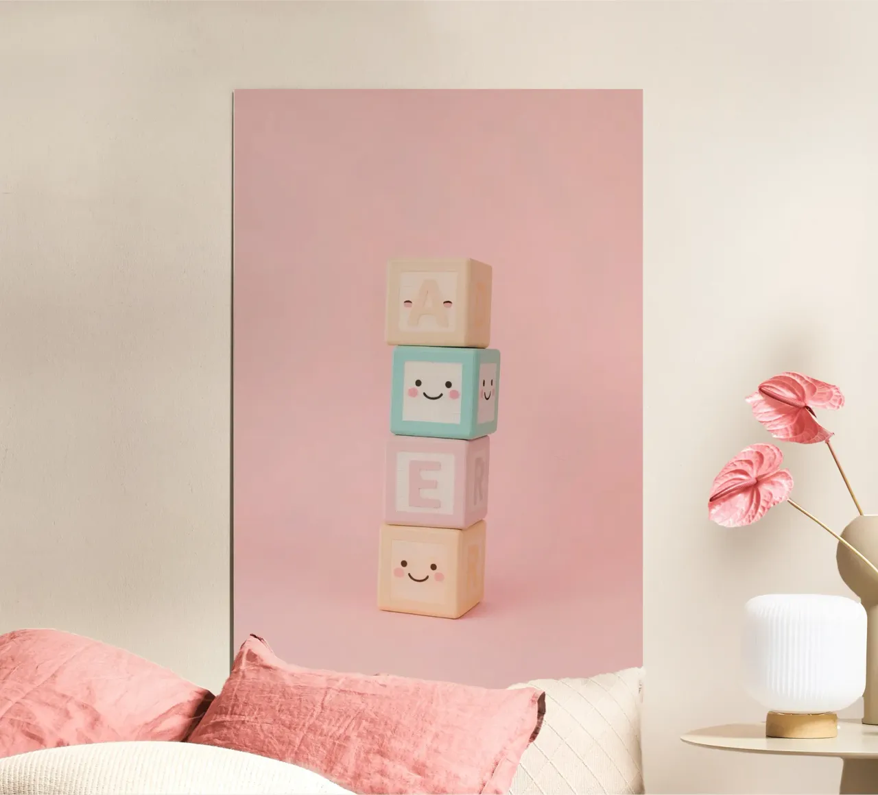 Blocchi di alfabeto in legno impilati su sfondo rosa poster da DesignDoodle