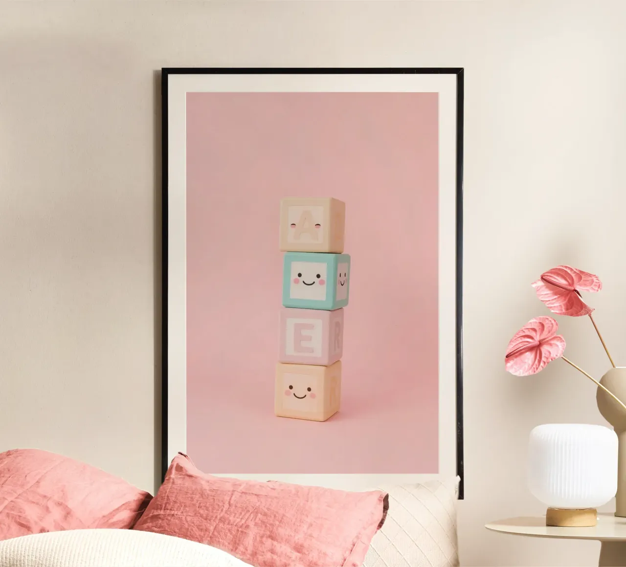 Blocchi di alfabeto in legno impilati su sfondo rosa poster da DesignDoodle
