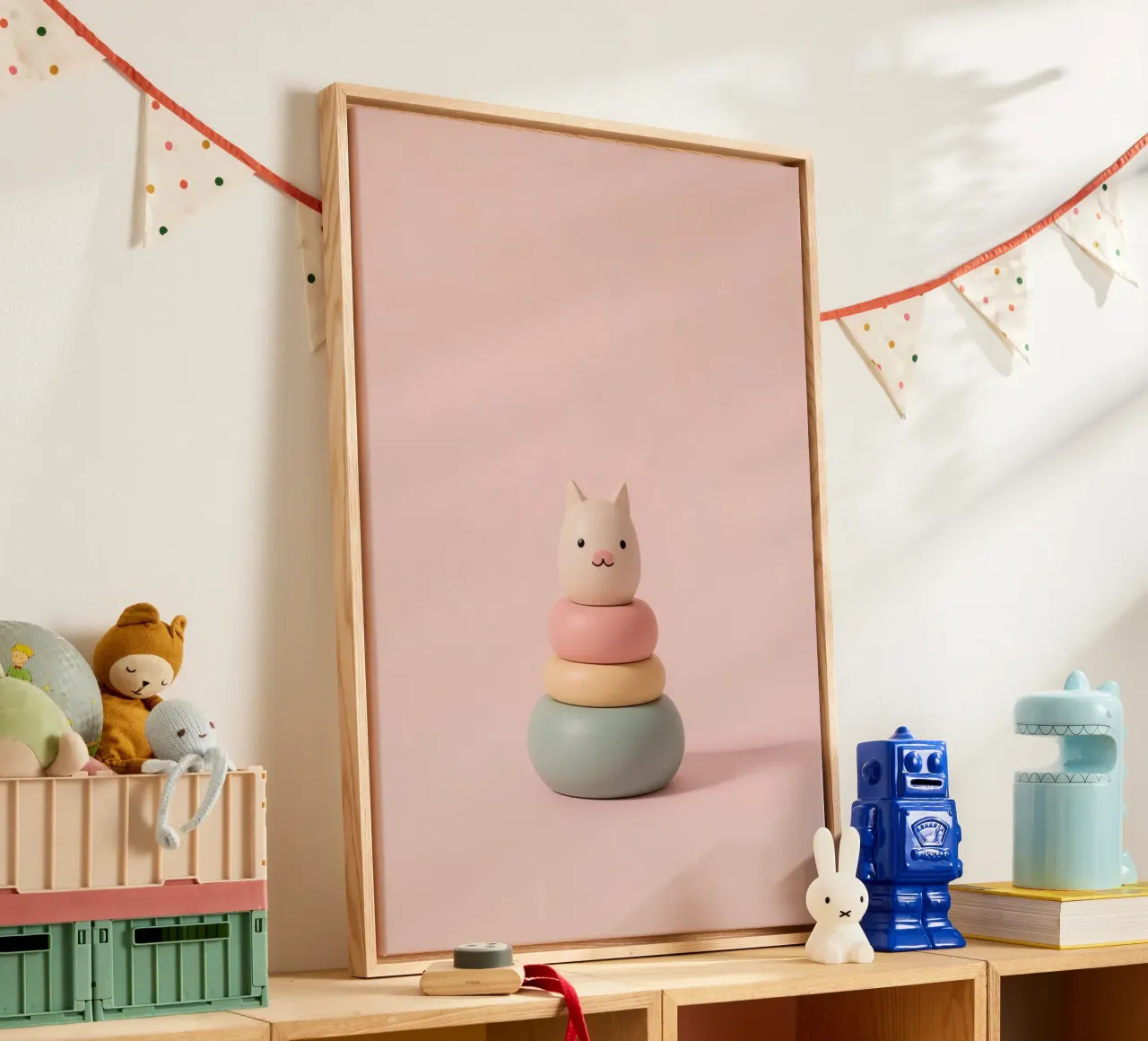 Jouet mignon en forme d'anneau en bois empilé, chat sur fond rose toile avec Caisse américaine de DesignDoodle