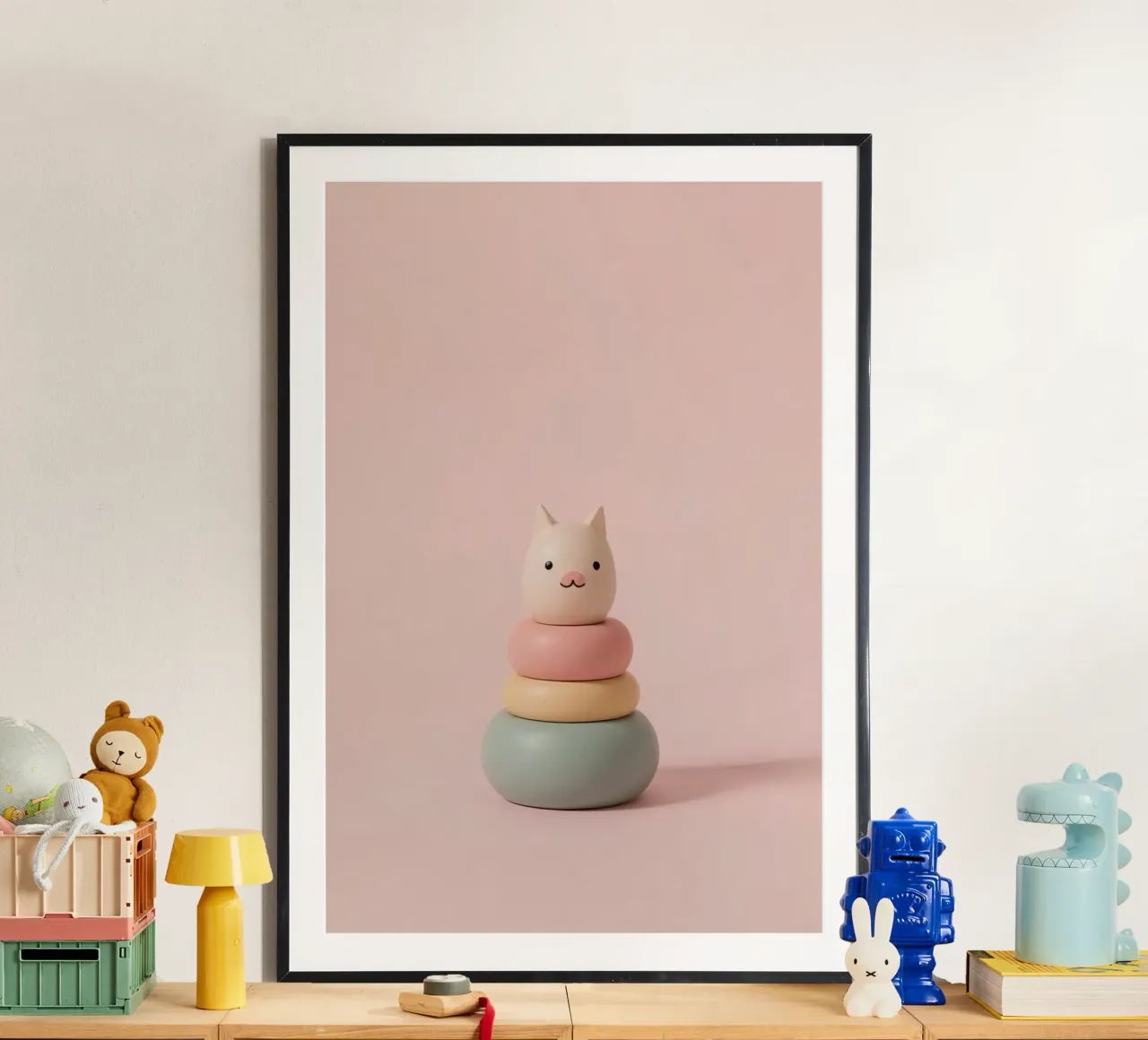 Gatto carino con anello di legno impilato su sfondo rosa poster da DesignDoodle