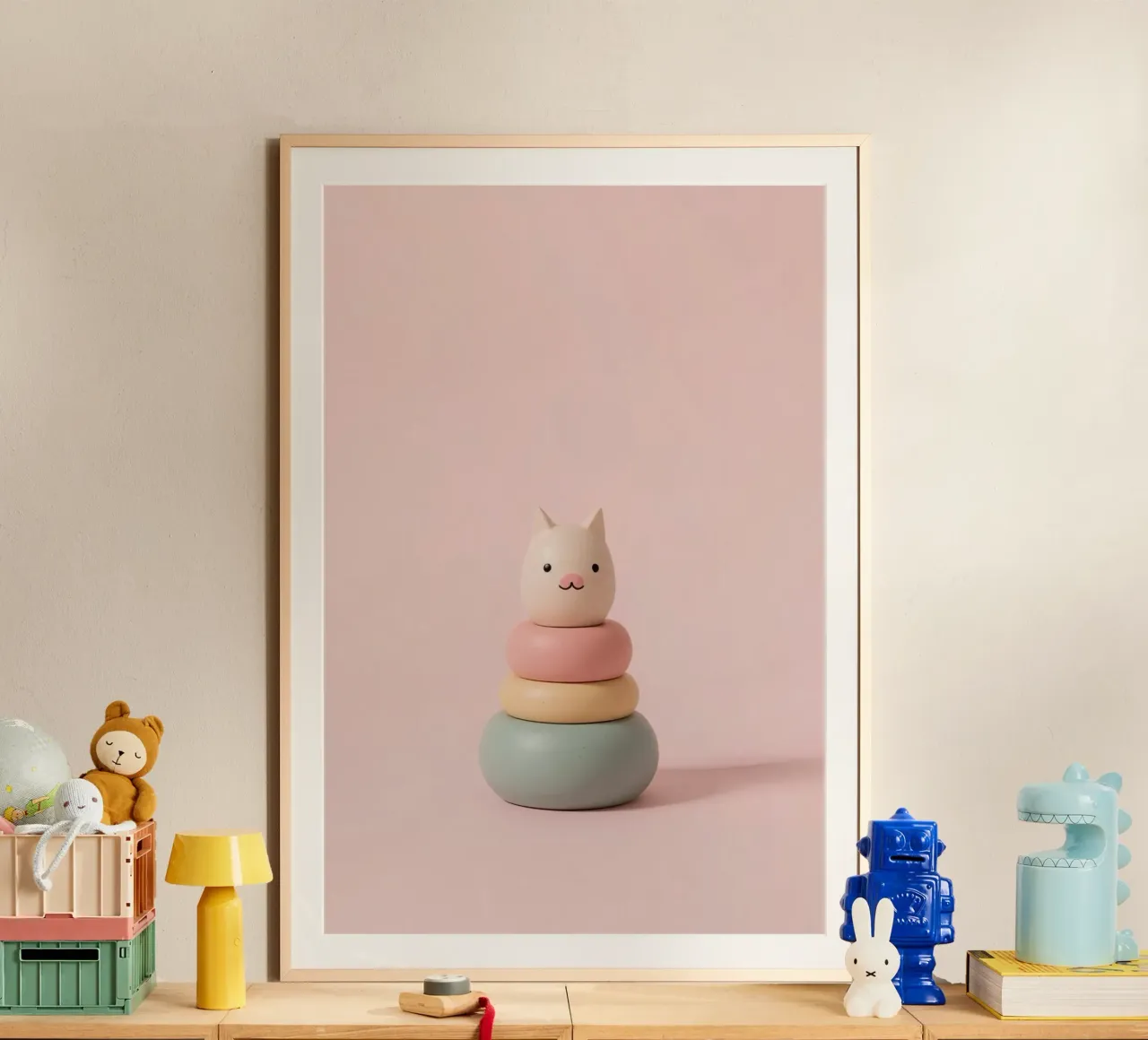 Gatto carino con anello di legno impilato su sfondo rosa poster da DesignDoodle