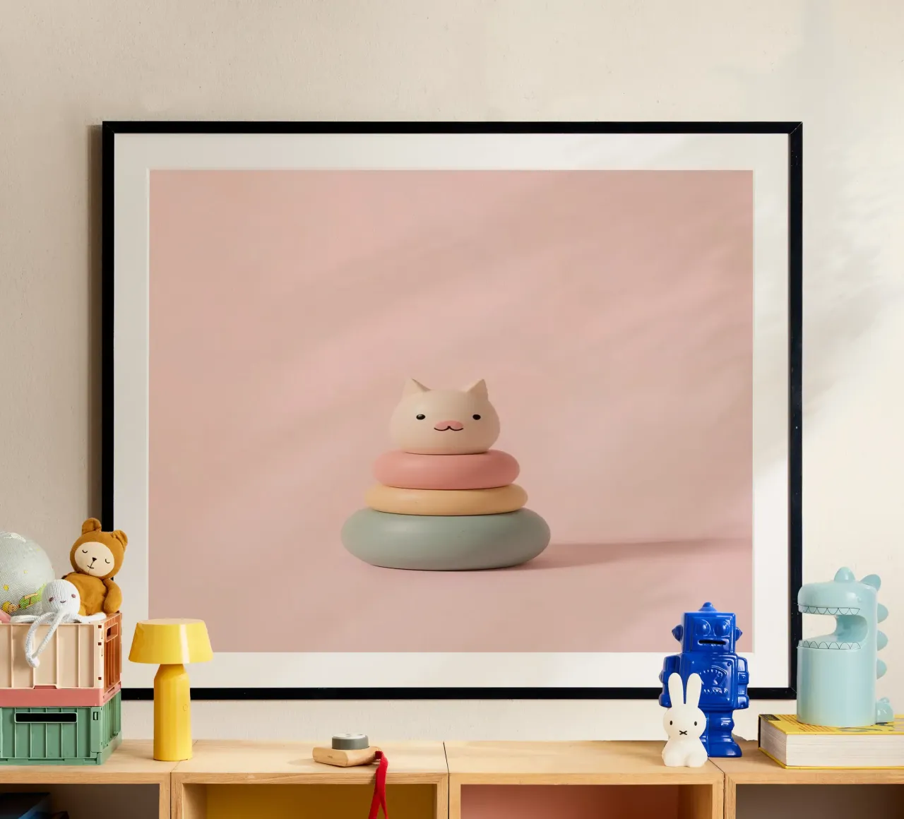 Gatto carino con anello di legno impilato su sfondo rosa poster da DesignDoodle