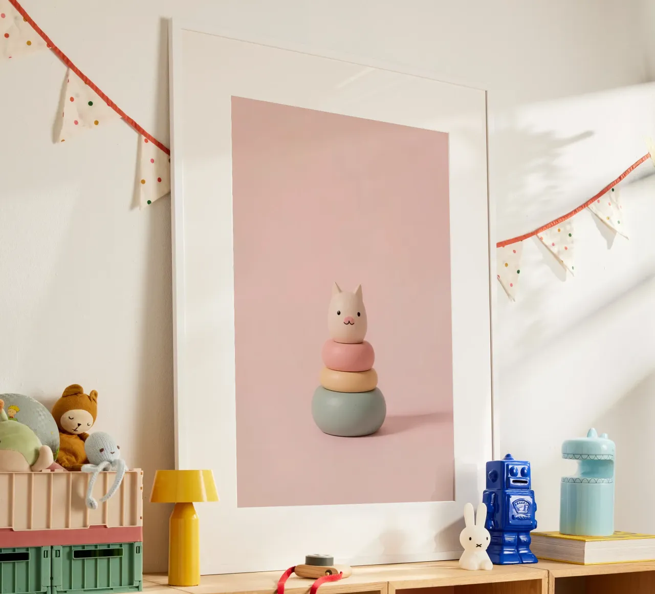 Gatto carino con anello di legno impilato su sfondo rosa poster da DesignDoodle
