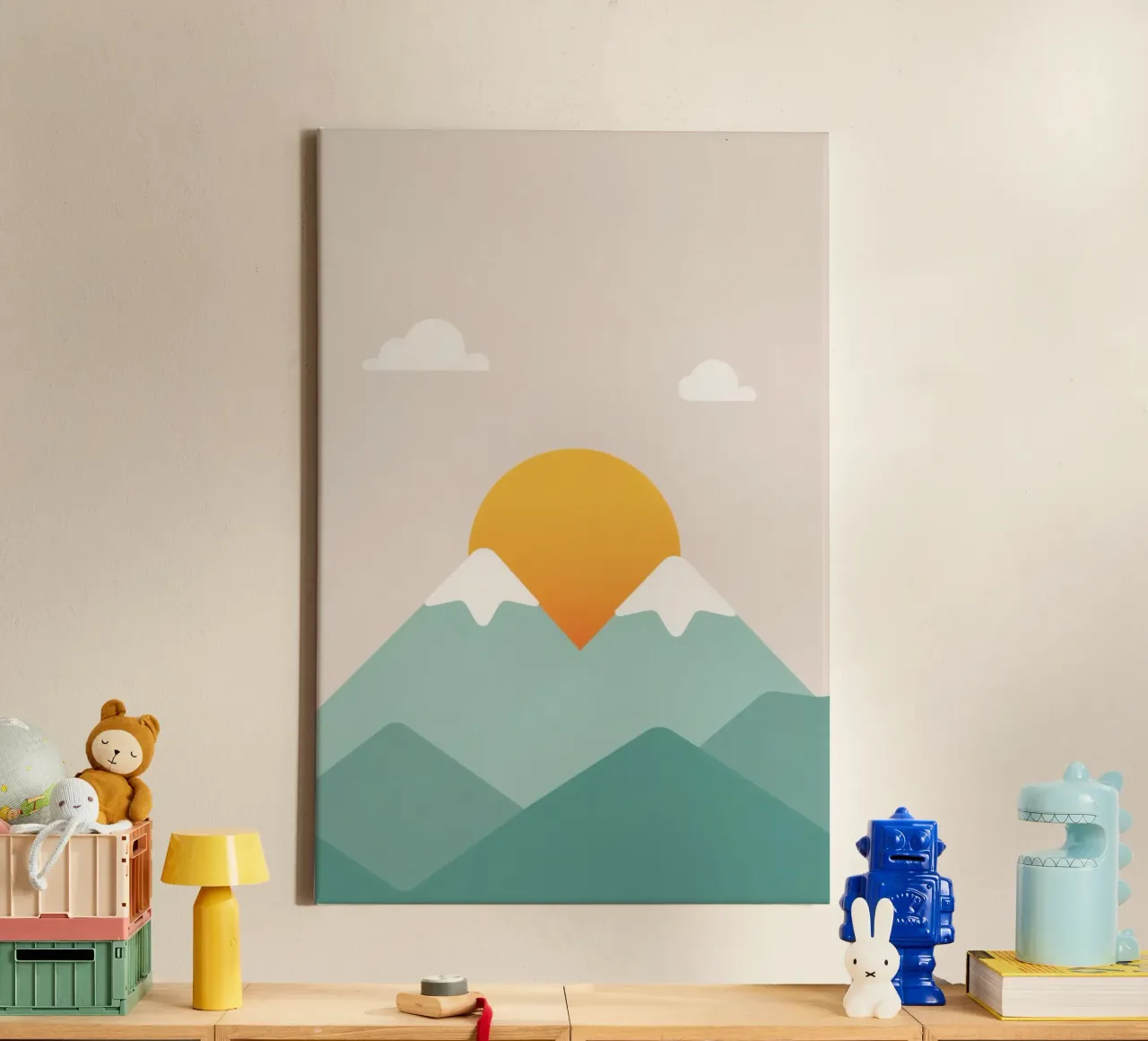 Gestileerd landschap met bergen zon en wolken canvas met Baklijst van DesignDoodle