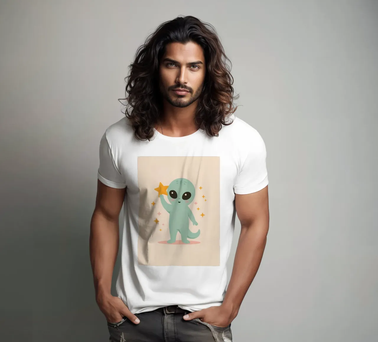 Alien vert mignon tenant une étoile jaune t-shirt de DesignDoodle