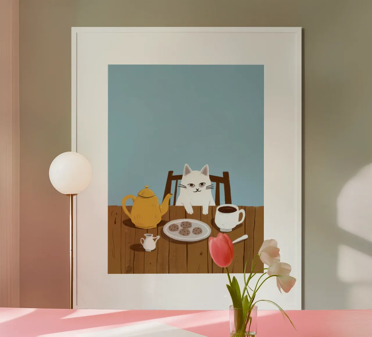 L'ora del tè con il gatto poster con telaio in alluminio da Enter Bloom