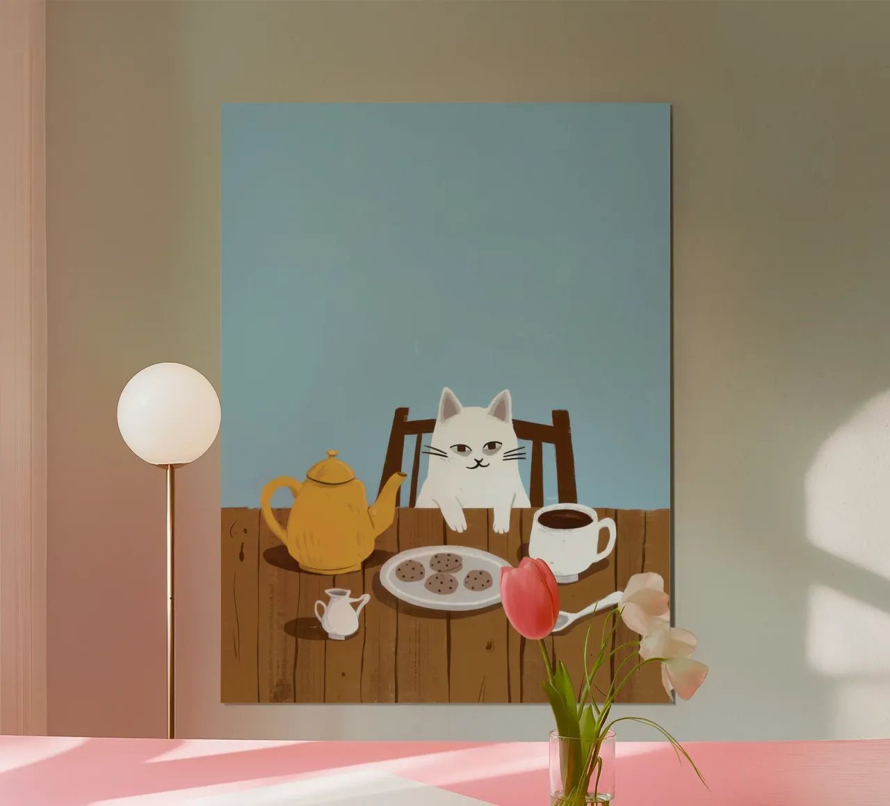 L'ora del tè con il gatto poster con telaio in alluminio da Enter Bloom