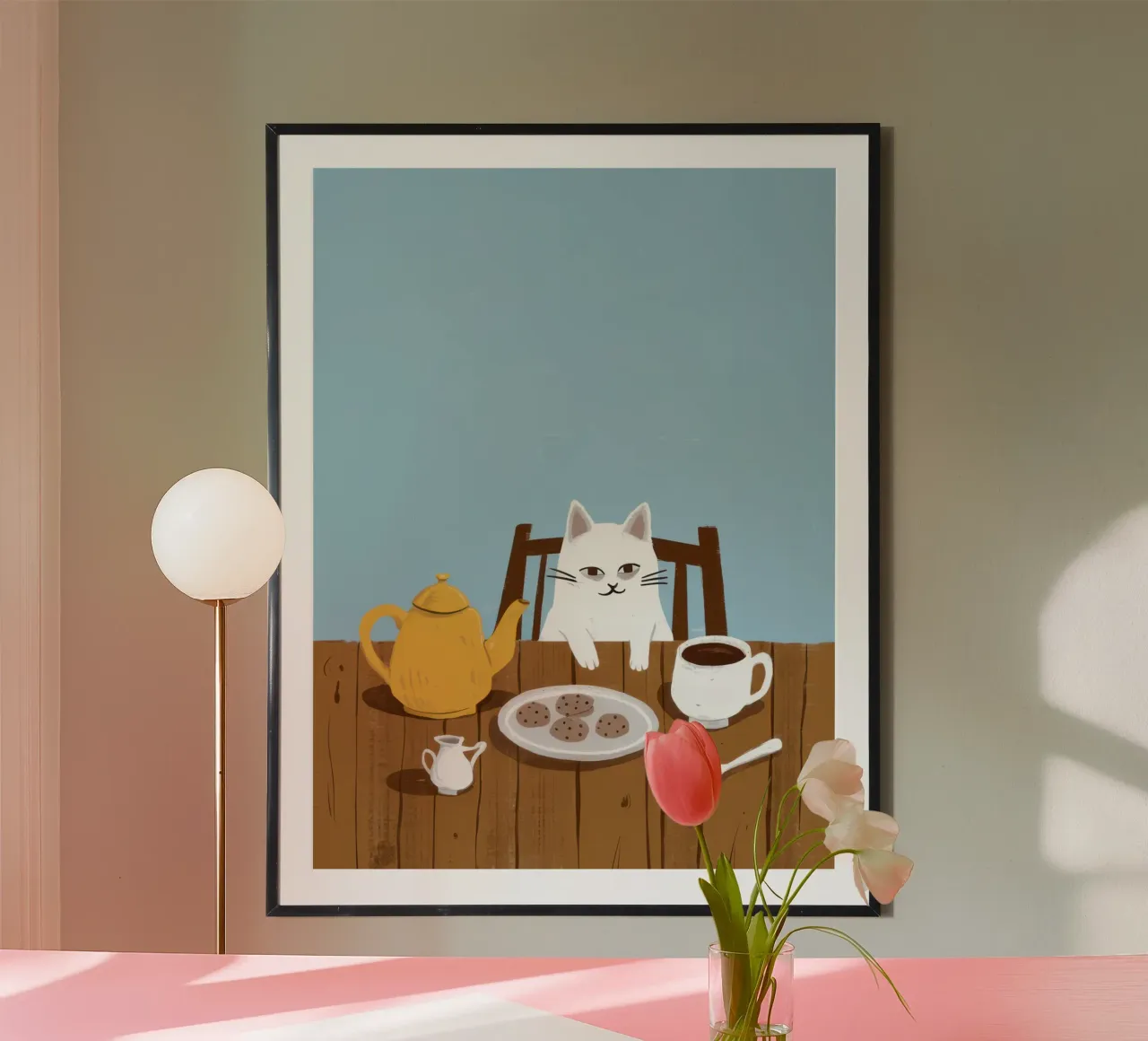 L'ora del tè con il gatto poster con telaio in alluminio da Enter Bloom
