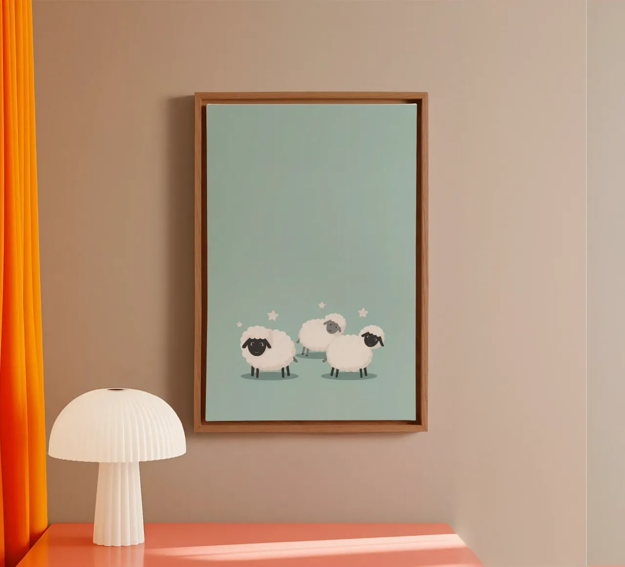 Three Cute Sheep and Stars on Teal Background canvas with Floater frame by DesignDoodle