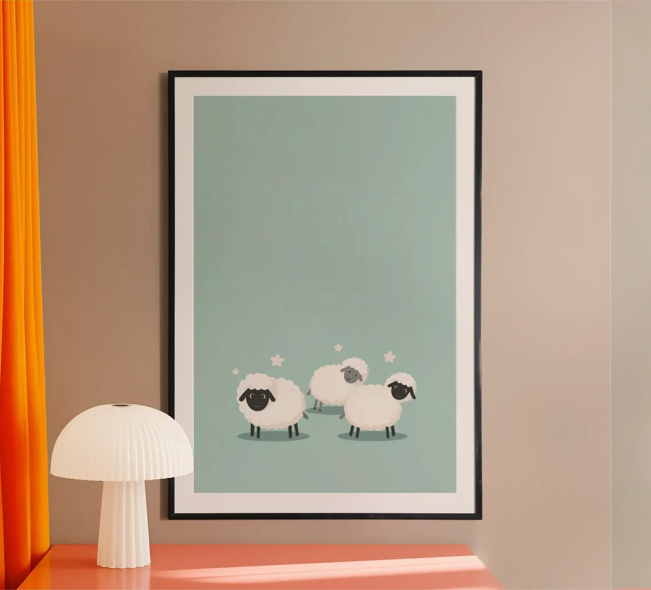 Tre simpatiche pecore e stelle su sfondo verde acqua poster con telaio in alluminio da DesignDoodle