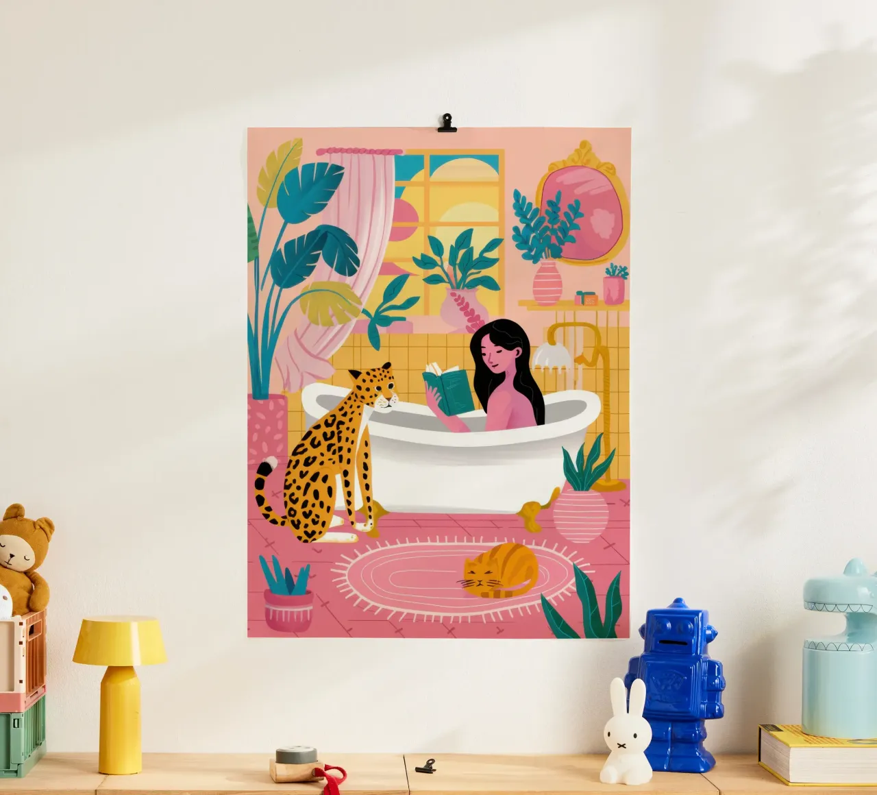 Riposo selvaggio al bagno poster con telaio in plastica da Moon Revolver