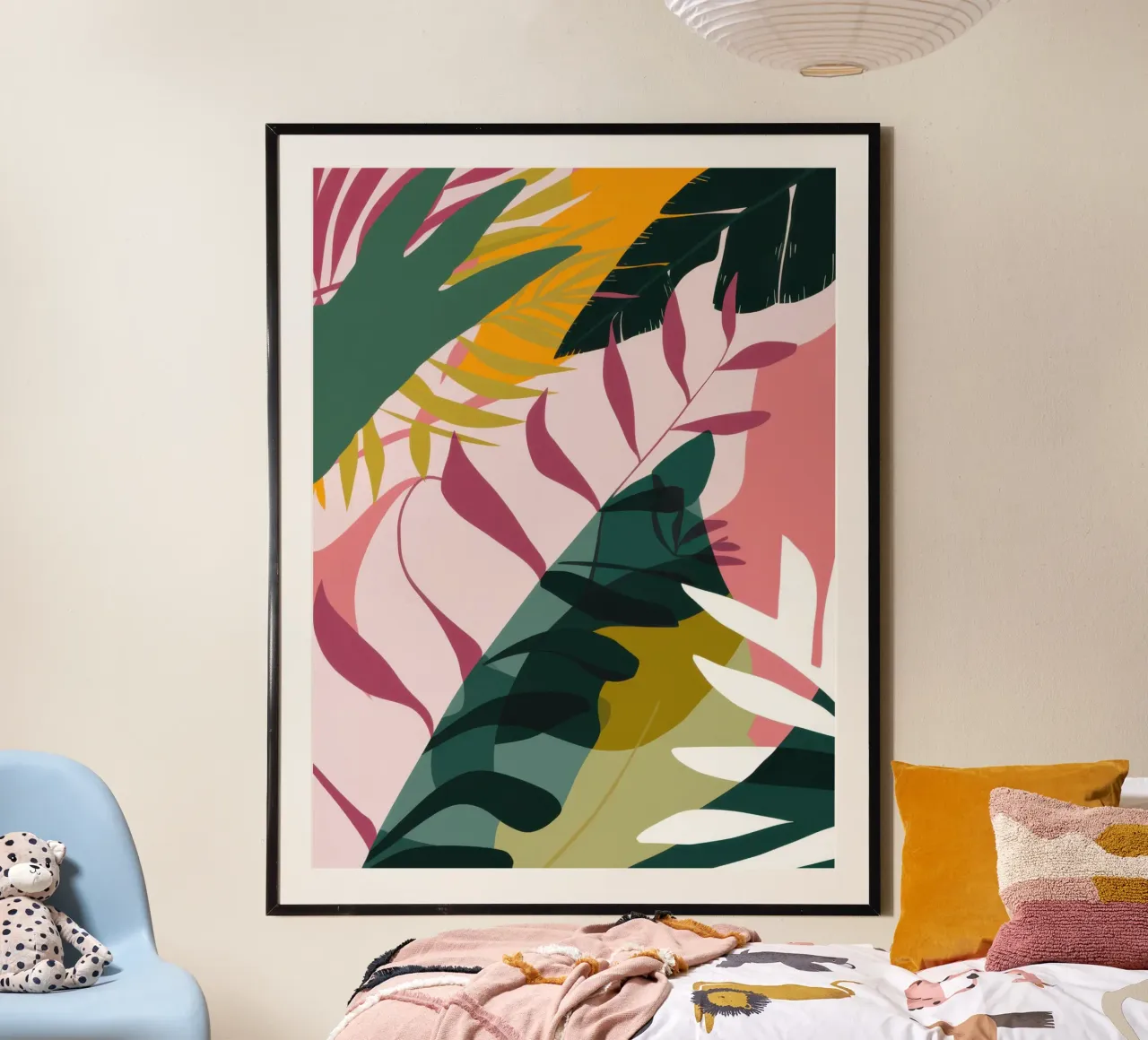 Foglie tropicali in ombra poster con telaio in legno da Moon Revolver