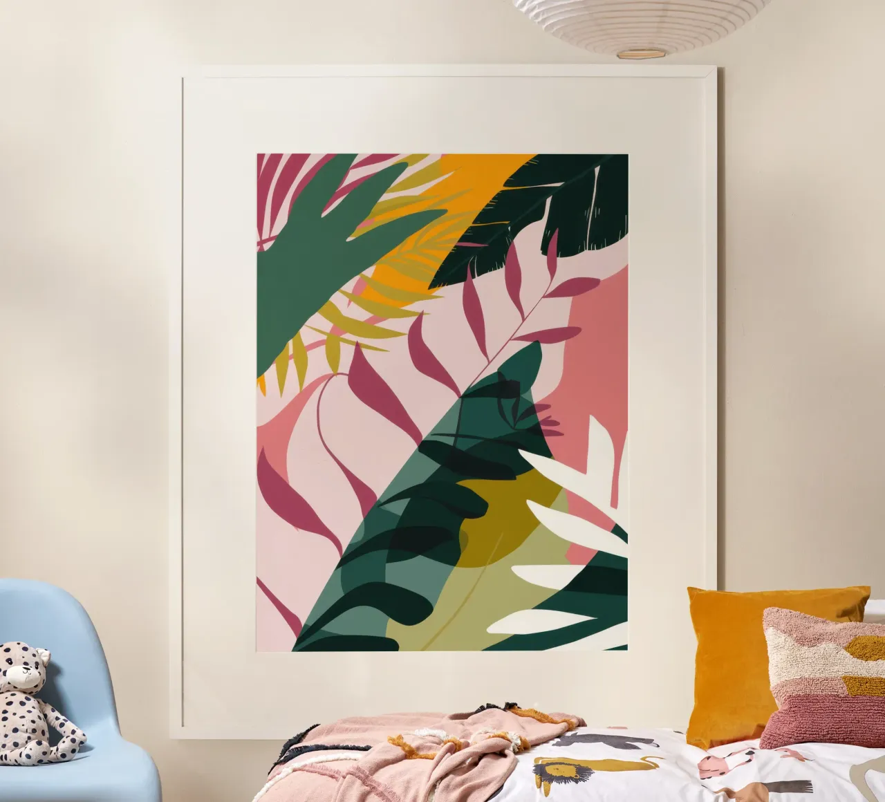 Foglie tropicali in ombra poster con telaio in legno da Moon Revolver