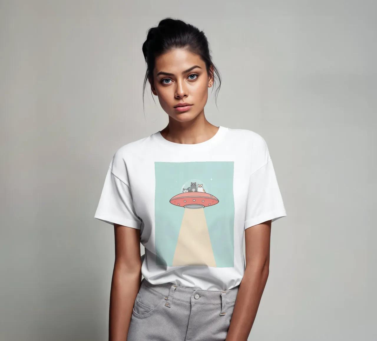 Gatti carini in rosa UFO con fascio di luce t-shirt da DesignDoodle