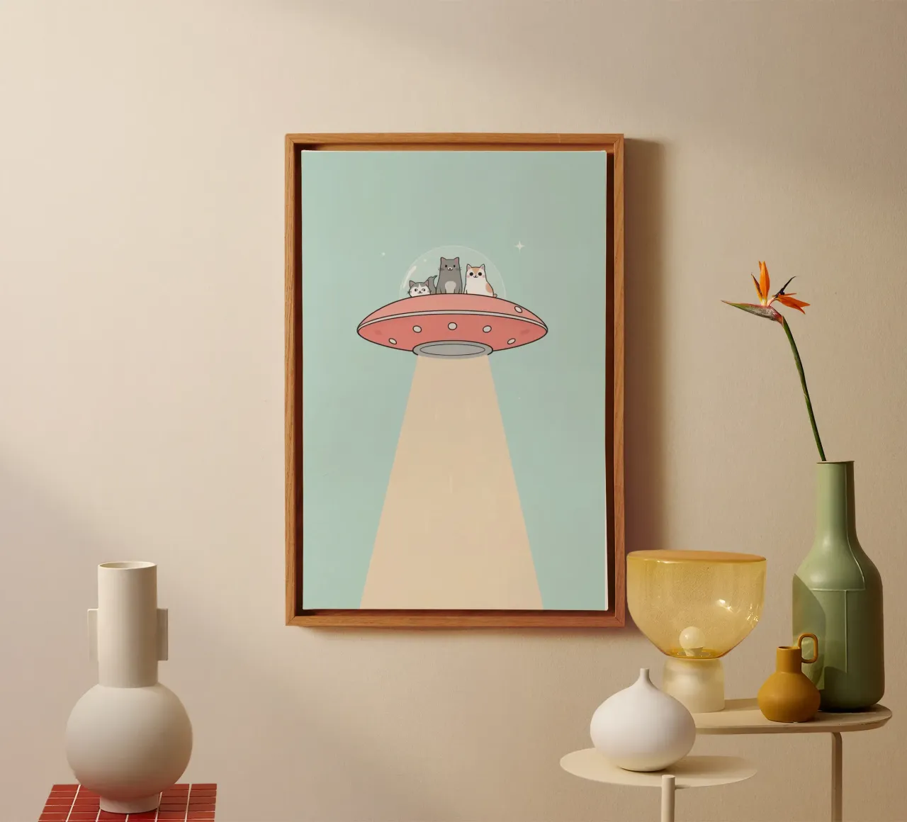 Niedliche Katzen in rosa UFO mit Lichtstrahl Leinwand mit Schattenfugenrahmen von DesignDoodle