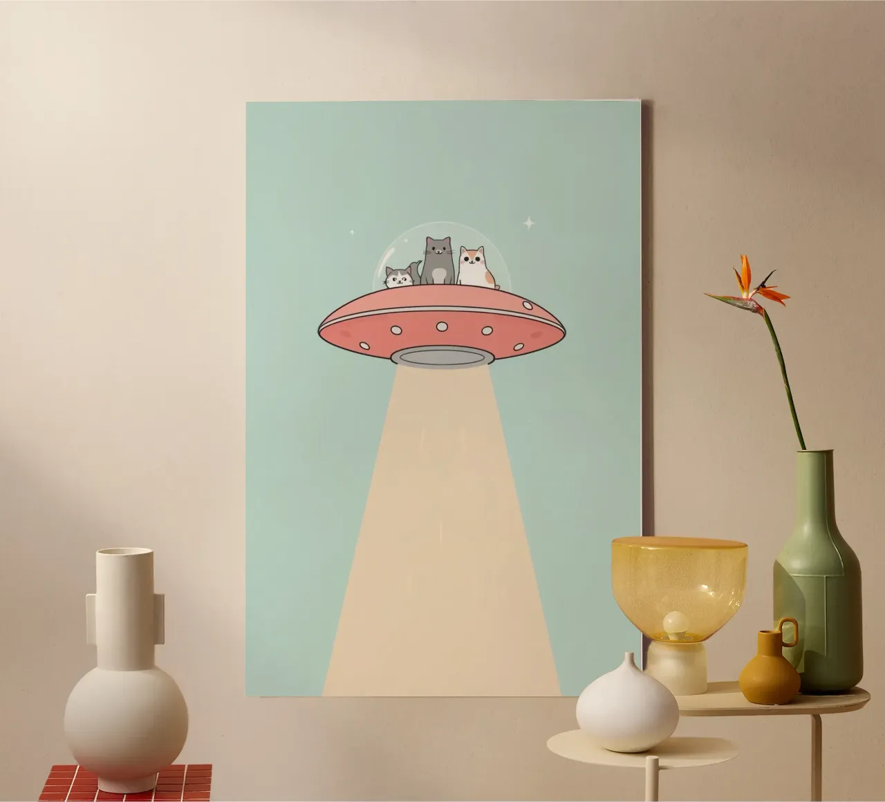 Niedliche Katzen in rosa UFO mit Lichtstrahl Leinwand mit Schattenfugenrahmen von DesignDoodle
