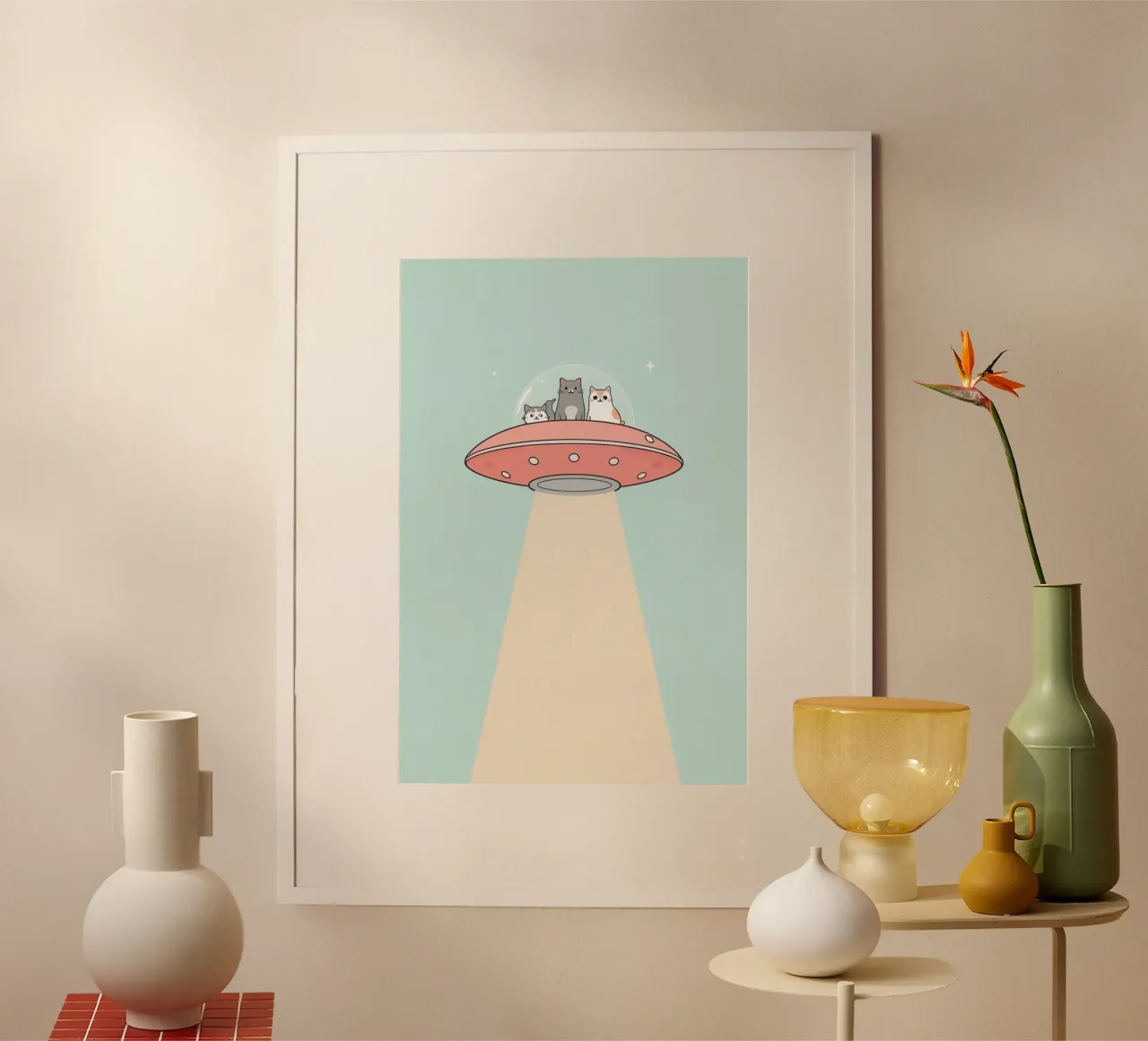 Gatti carini in rosa UFO con fascio di luce poster da DesignDoodle