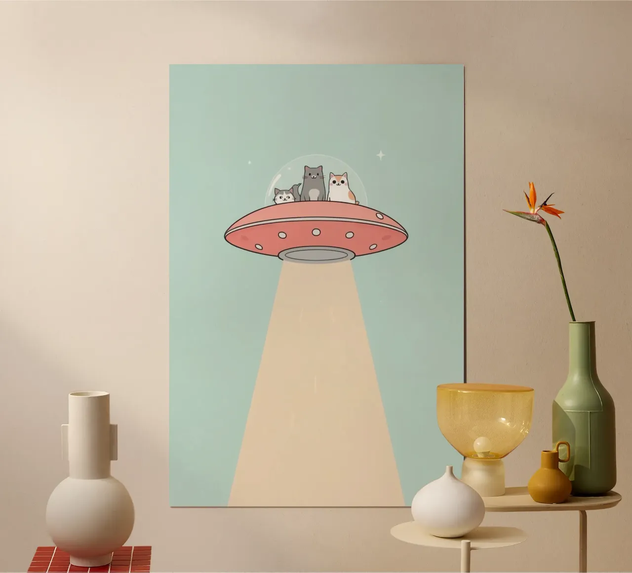 Gatti carini in rosa UFO con fascio di luce poster da DesignDoodle