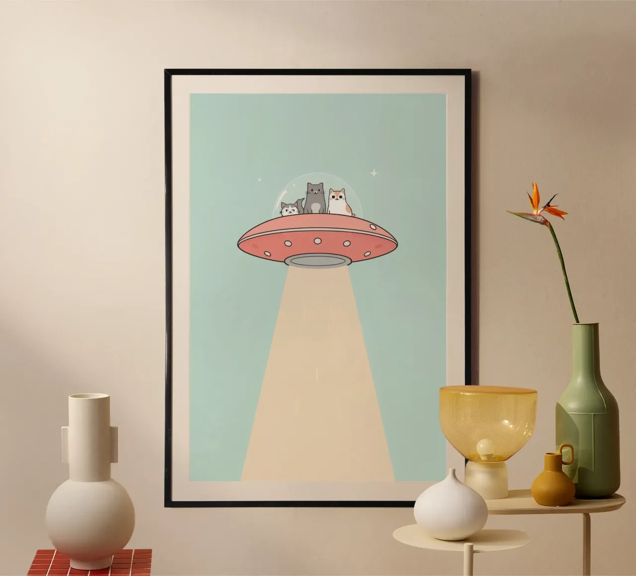 Gatti carini in rosa UFO con fascio di luce poster da DesignDoodle