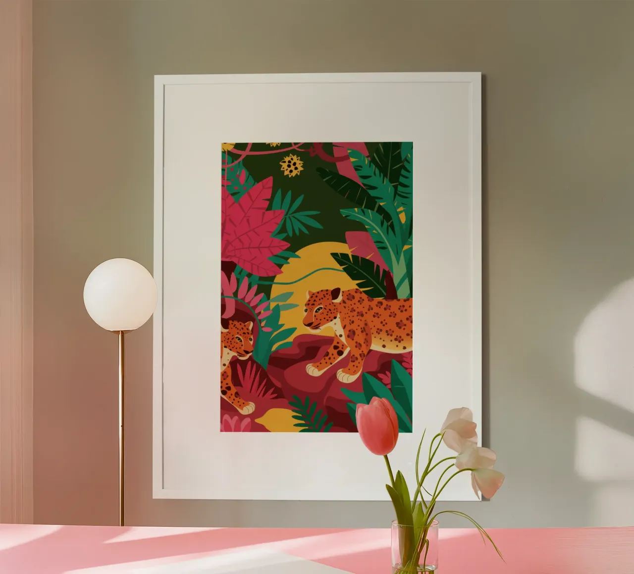 Leopardo tinto di rosa poster con telaio in alluminio da Sure Paint