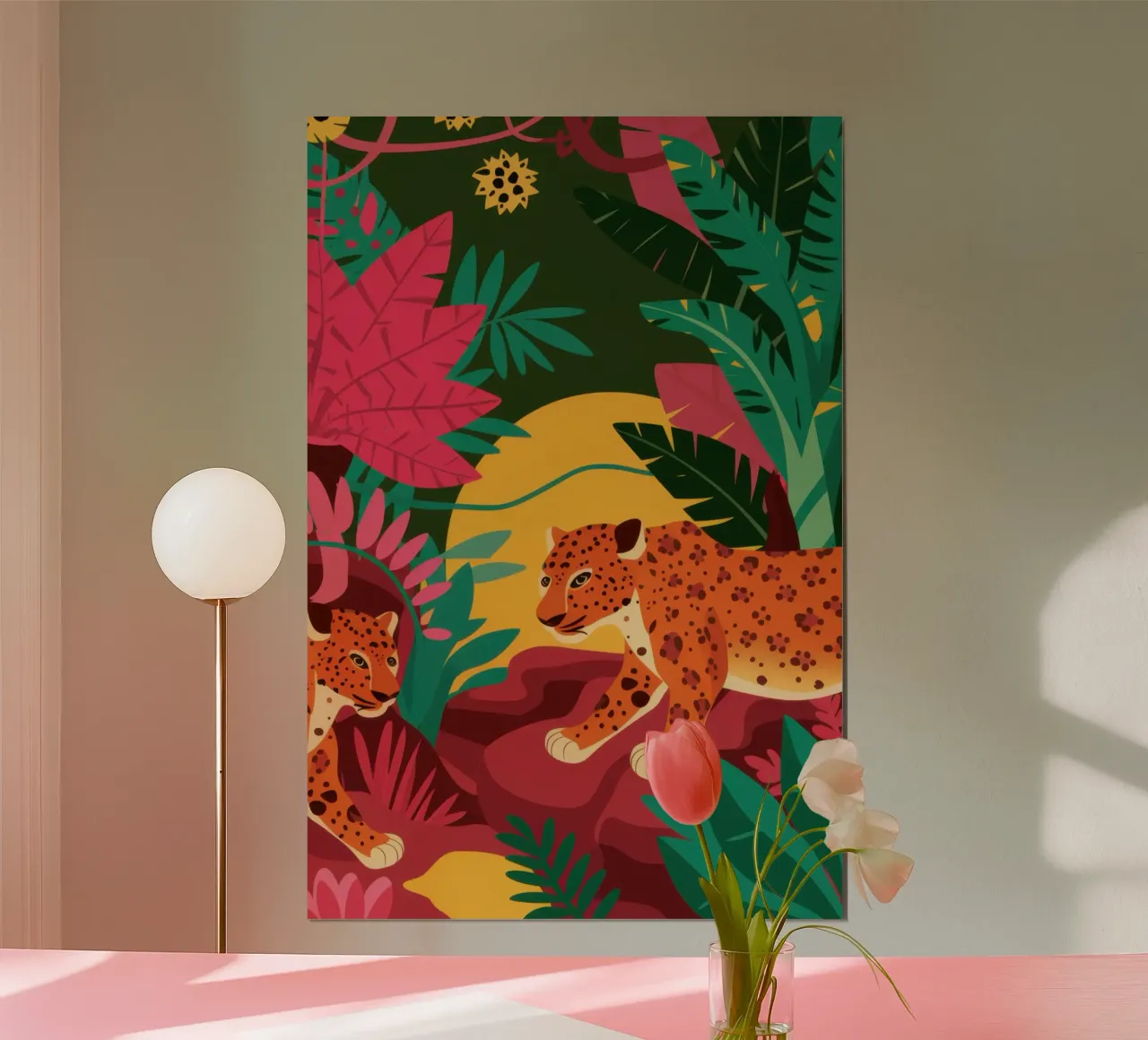 Leopardo tinto di rosa poster con telaio in alluminio da Sure Paint
