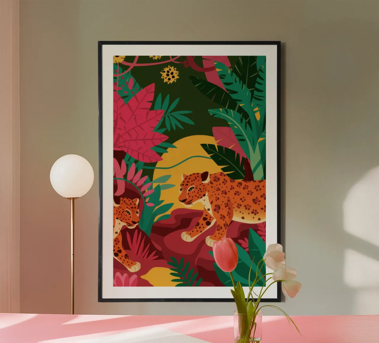 Leopardo tinto di rosa poster con telaio in alluminio da Sure Paint