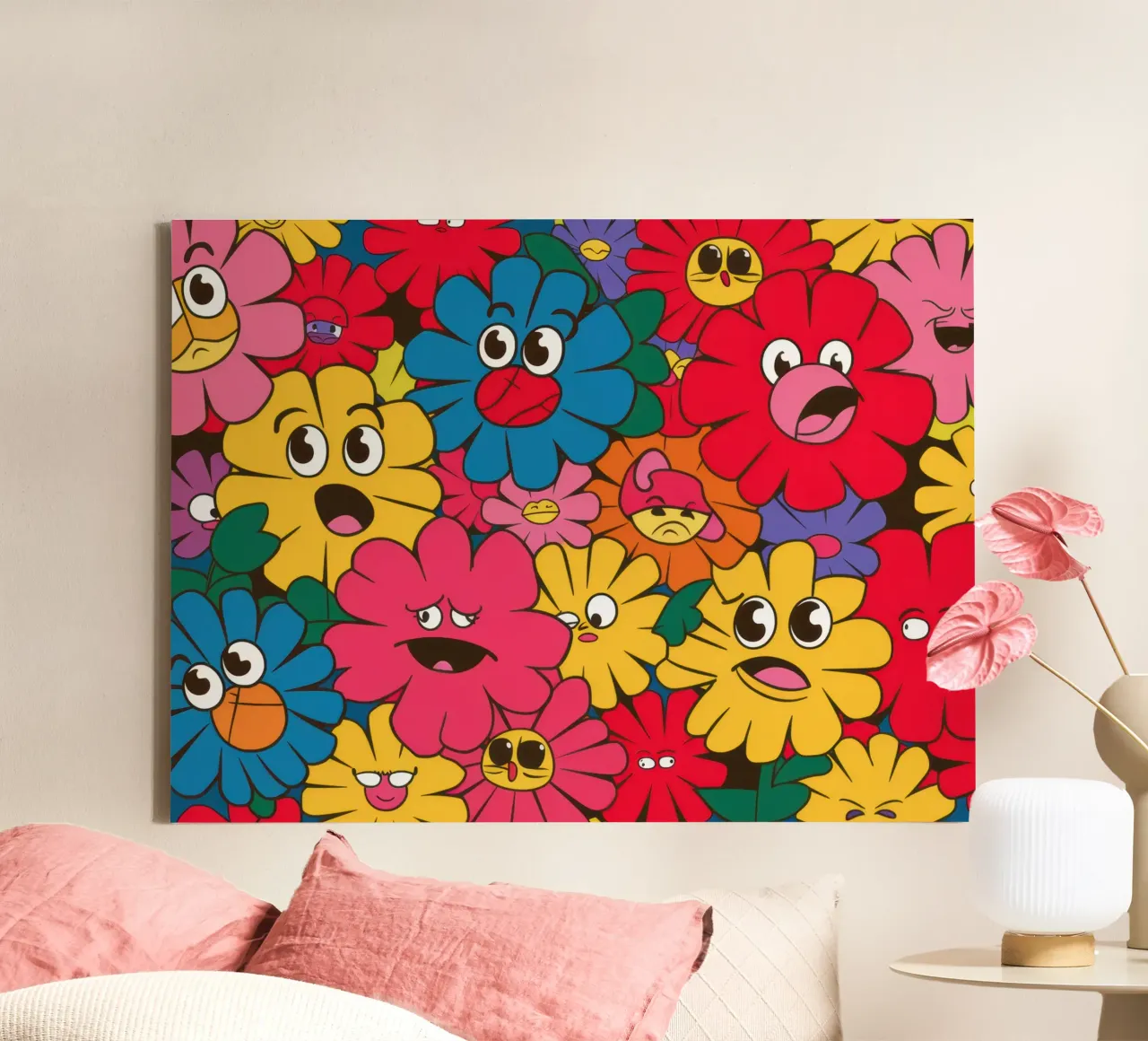 Psychedelische Smileybloemen canvas met Baklijst van Frame Aura