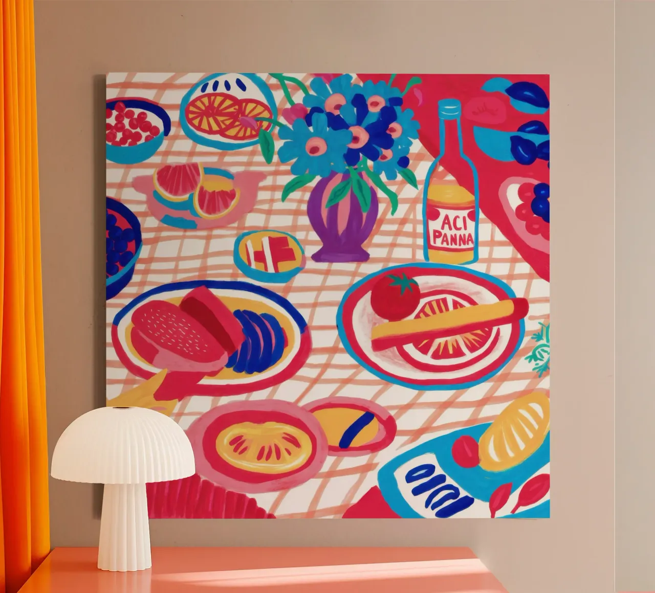 Abstract Picnic Spread canvas with Floater frame by Frame Aura