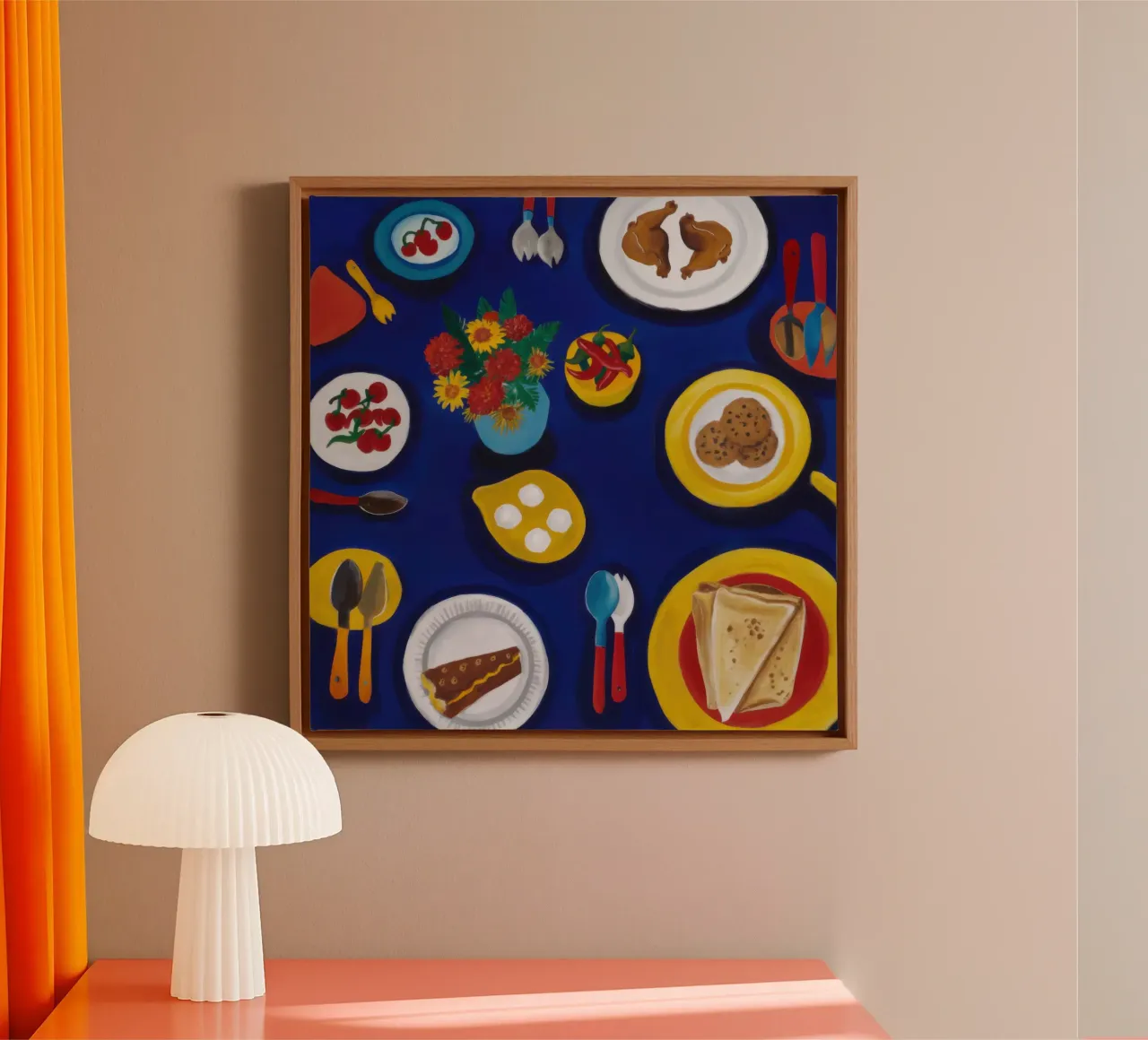 Blue Table Breakfast canvas with Floater frame by Enter Bloom