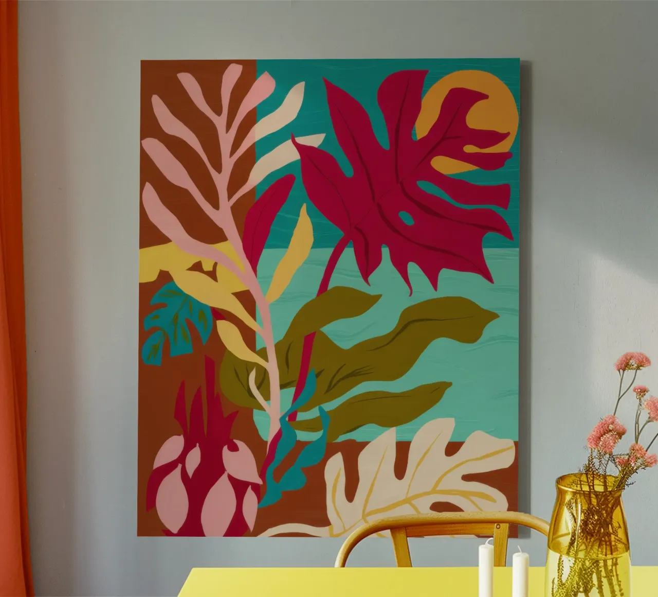 Karmijnrode bladvorm canvas met Baklijst van Sure Paint