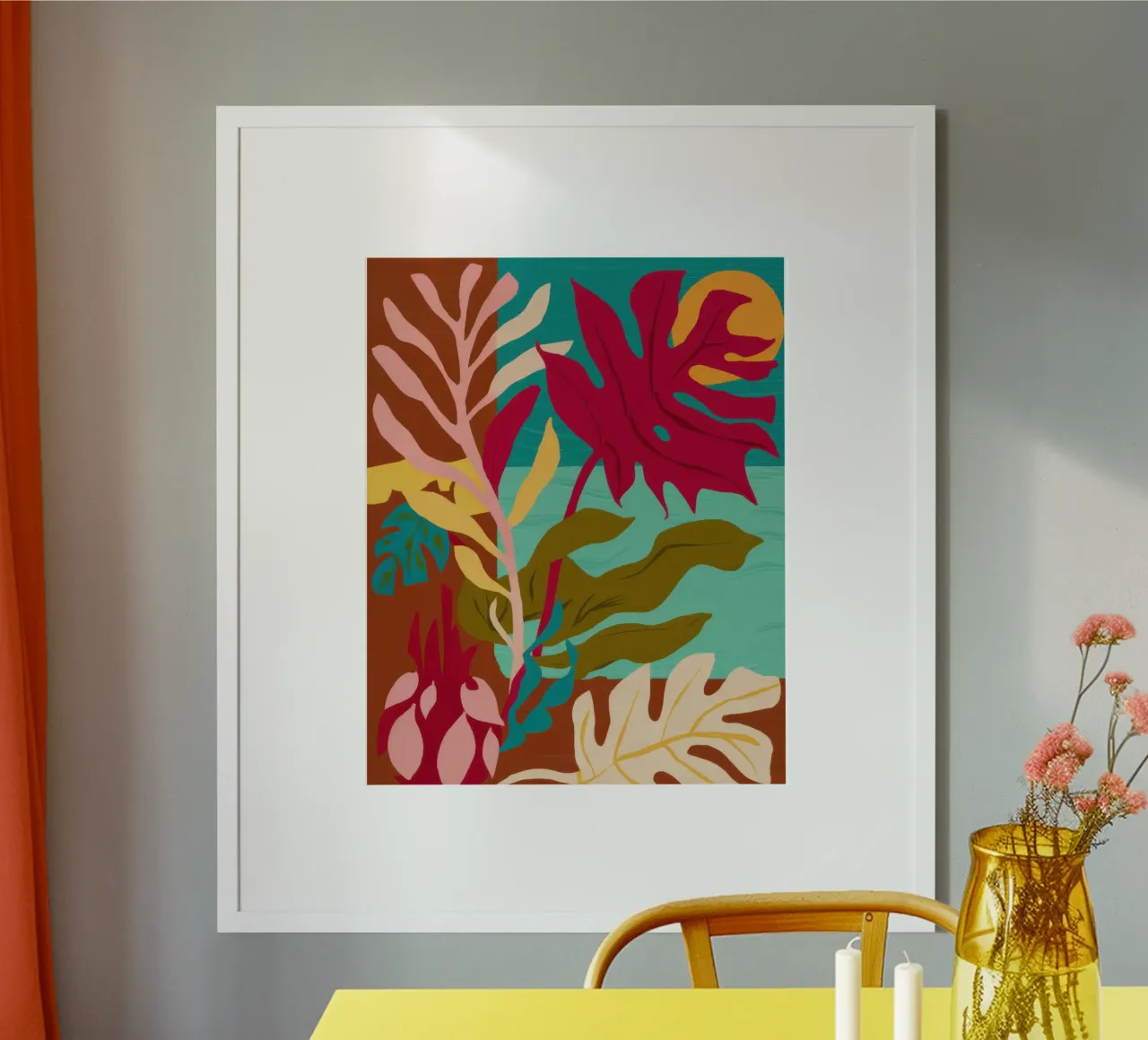Forma a foglia cremisi poster con telaio in legno da Sure Paint