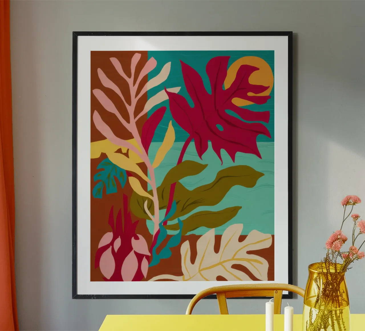 Forma a foglia cremisi poster con telaio in legno da Sure Paint