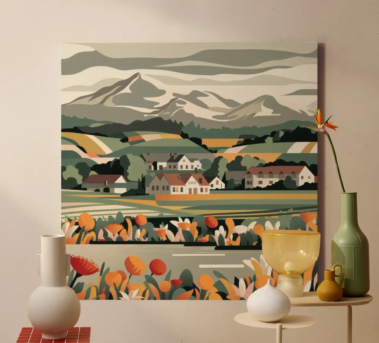 Pastoraal leven in de vallei canvas met Baklijst van Sure Paint